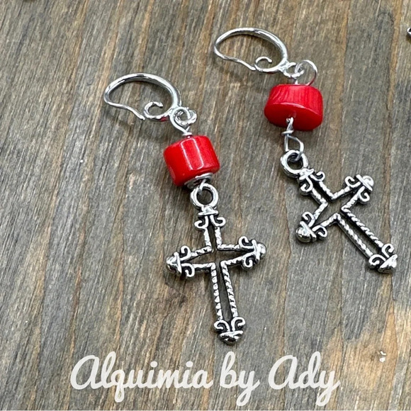 Silver cross and red coral extra long dangle drops statement earrings bohemian - Picture 1 of 3